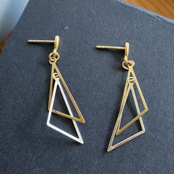 💛 9k Yellow & White Gold Geometric Triangle Dangle Earrings - Picture 5 of 7